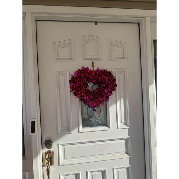14” Red & Magenta Pink Tinsel Heart Valentines Day Wreath Door Hanger Wall Decor - Picture 6 of 6